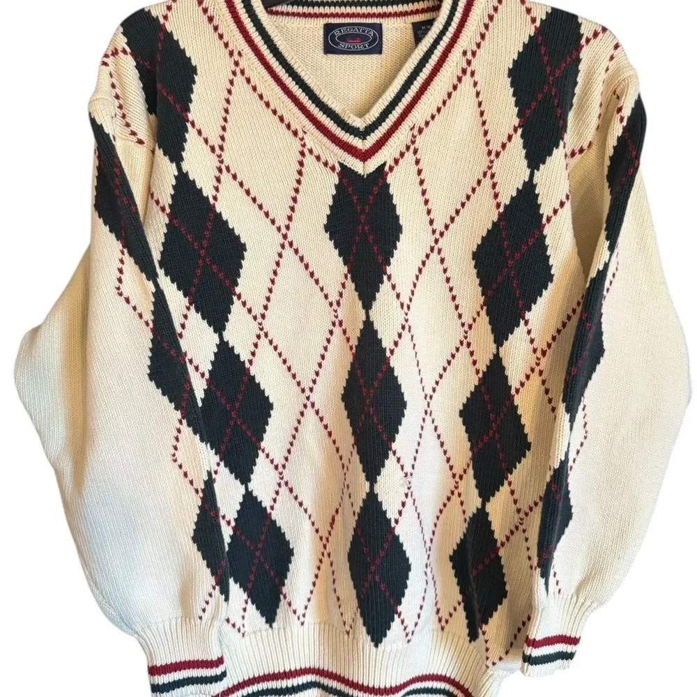 Vintage Regatta Sport Cotton Cream/Black/Red Argyle Unisex V-Neck Sweater